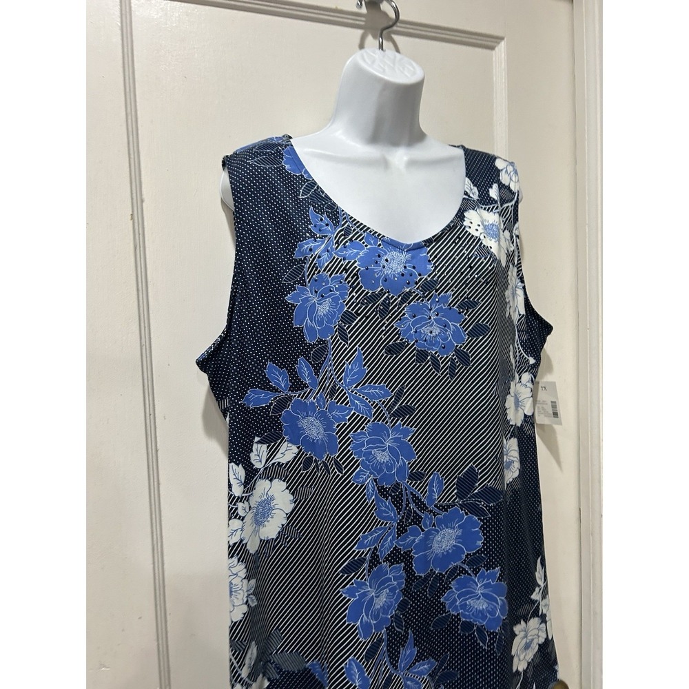 Catherines Womens 1X Blue Floral Stripe Dot Sleeveless V Neck Tank Top Shirt - Picture 5 of 7